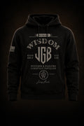 Bourbon Black Hoodie. Bourbon Room Capsule 001 Neat. $85 preorder. Solid black with gold WISDOM JGB print.